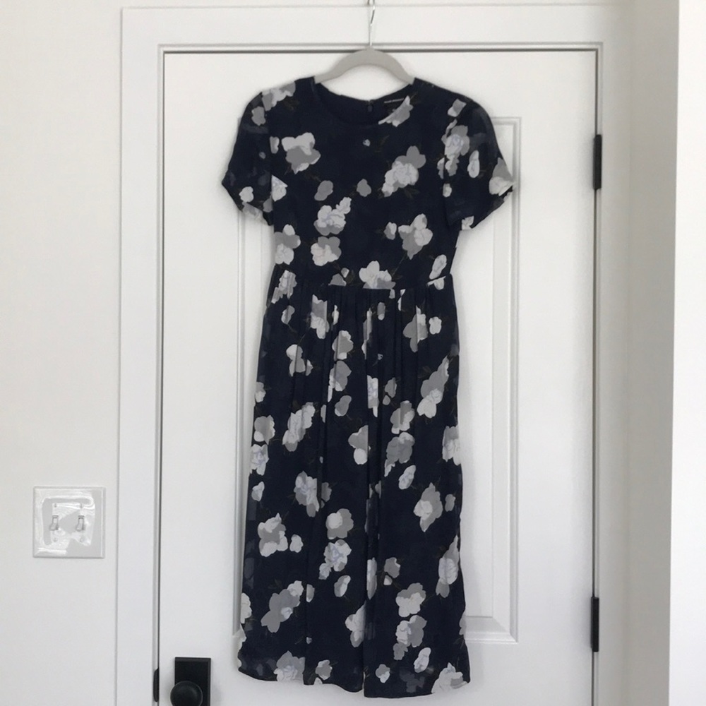 CLUB MONACO navy and white silk floral dress.